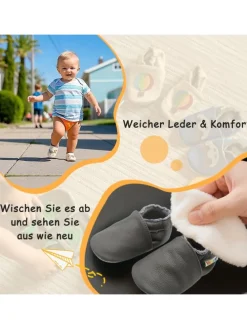 Baby Krabbelschuhe aus Leder mit rutschfester Sohle – Grau