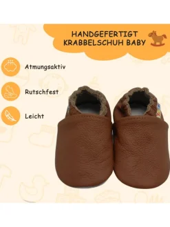 Baby Krabbelschuhe aus Leder mit rutschfester Sohle – Braun