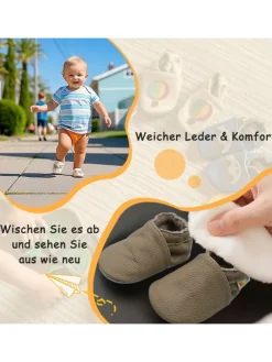 Baby Krabbelschuhe aus Leder mit rutschfester Sohle – Khaki