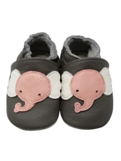 Baby Krabbelschuhe aus Leder mit rutschfester Sohle – Grau mit Elefantenmuster