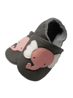 Baby Krabbelschuhe aus Leder mit rutschfester Sohle – Grau mit Elefantenmuster