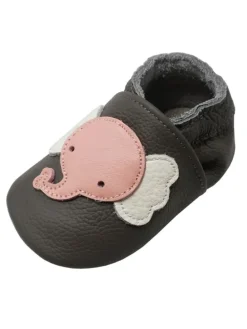 Baby Krabbelschuhe aus Leder mit rutschfester Sohle – Grau mit Elefantenmuster