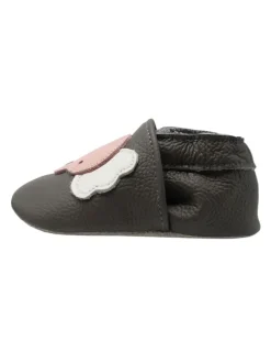 Baby Krabbelschuhe aus Leder mit rutschfester Sohle – Grau mit Elefantenmuster