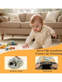 Baby Krabbelschuhe aus Leder mit rutschfester Sohle – Grau mit Elefantenmuster