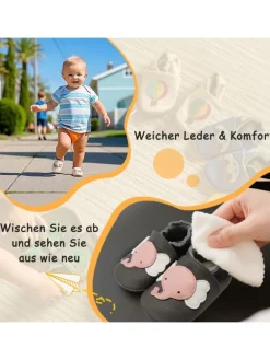 Baby Krabbelschuhe aus Leder mit rutschfester Sohle – Grau mit Elefantenmuster