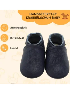 Baby Krabbelschuhe aus Leder mit rutschfester Sohle – Marineblau