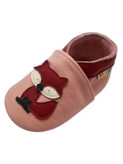 Baby Krabbelschuhe aus Leder mit rutschfester Sohle – Rosa mit Fuchs-Muster