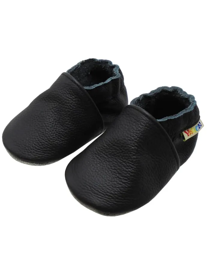 Baby Krabbelschuhe aus Leder mit rutschfester Sohle – Schwarz