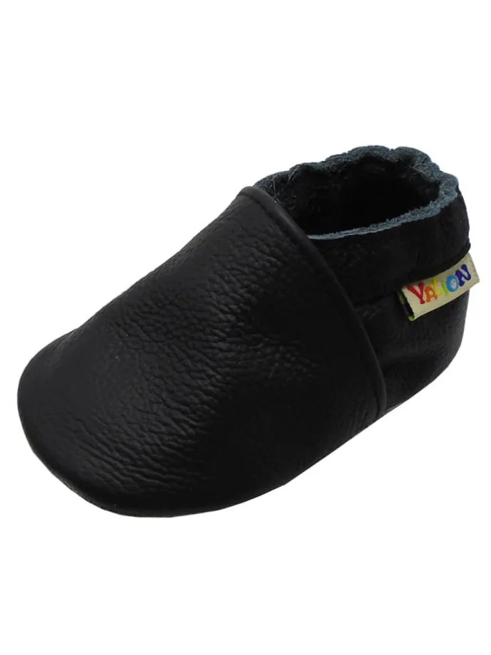 Baby Krabbelschuhe aus Leder mit rutschfester Sohle – Schwarz