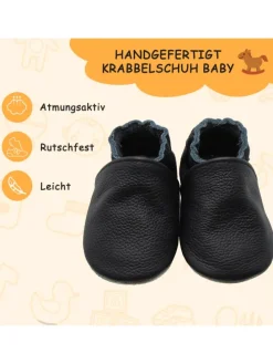 Baby Krabbelschuhe aus Leder mit rutschfester Sohle – Schwarz