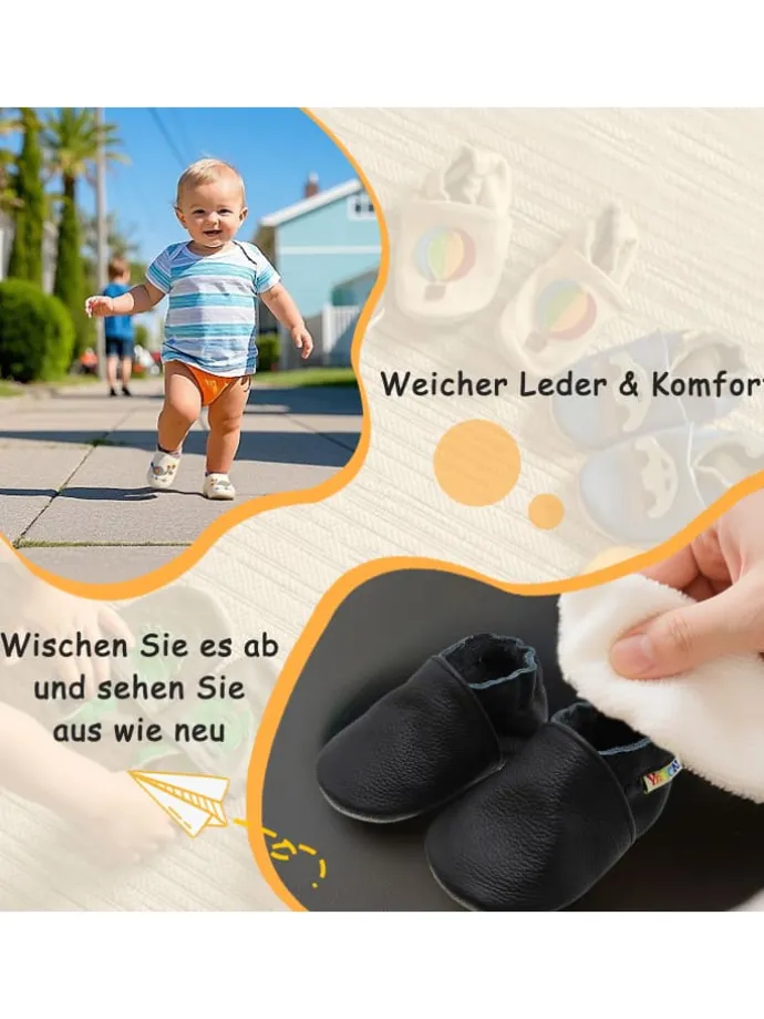Baby Krabbelschuhe aus Leder mit rutschfester Sohle – Schwarz