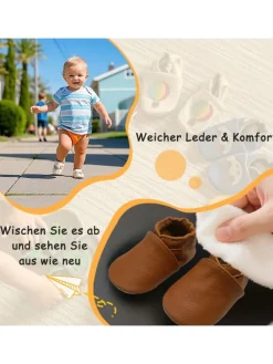 Baby Krabbelschuhe aus Leder mit rutschfester Sohle – Braun