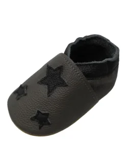 Baby Leder Krabbelschuhe, Grau, mit rutschfester harter Sohle - Sternenmuster