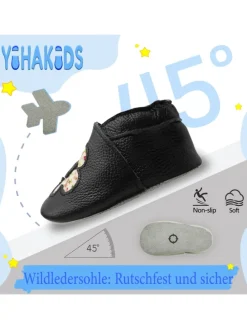 Baby Leder Krabbelschuhe,Schwarz,mit rutschfester und weicher Sohle-Blumenmuster