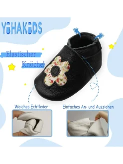 Baby Leder Krabbelschuhe,Schwarz,mit rutschfester und weicher Sohle-Blumenmuster