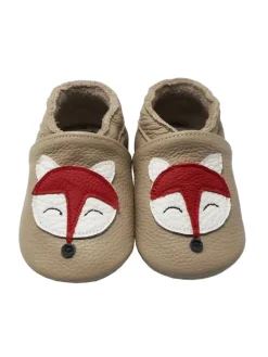 Baby-Lederlaufschuhe mit rutschfester Sohle – khaki mit Fuchsmotiv