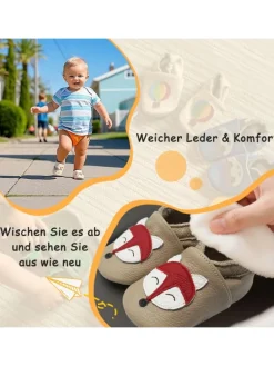 Baby-Lederlaufschuhe mit rutschfester Sohle – khaki mit Fuchsmotiv