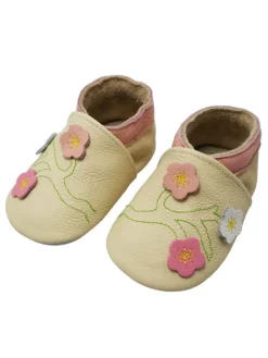 Baby-Lederlaufschuhe mit rutschfester Sohle – Cremefarben mit Blumenmuster