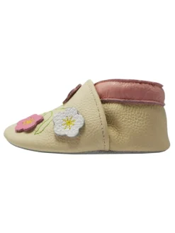 Baby-Lederlaufschuhe mit rutschfester Sohle – Cremefarben mit Blumenmuster
