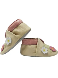 Baby-Lederlaufschuhe mit rutschfester Sohle – Cremefarben mit Blumenmuster