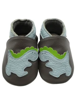 Baby-Lederlaufschuhe mit rutschfester Sohle – Grau mit Dinosauriermuster