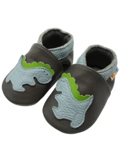 Baby-Lederlaufschuhe mit rutschfester Sohle – Grau mit Dinosauriermuster