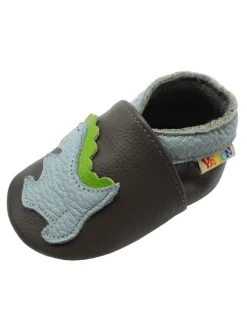 Baby-Lederlaufschuhe mit rutschfester Sohle – Grau mit Dinosauriermuster