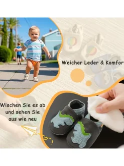 Baby-Lederlaufschuhe mit rutschfester Sohle – Grau mit Dinosauriermuster