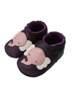 Baby-Lederlaufschuhe mit rutschfester Sohle – lila mit Elefantenmuster