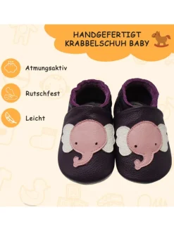 Baby-Lederlaufschuhe mit rutschfester Sohle – lila mit Elefantenmuster