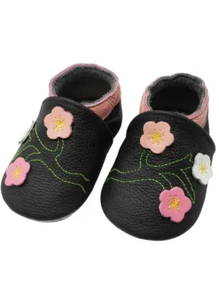 Baby-Lederlaufschuhe mit rutschfester Sohle – schwarz mit Blumenmuster