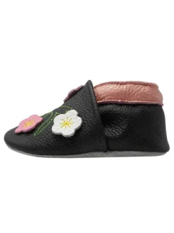 Baby-Lederlaufschuhe mit rutschfester Sohle – schwarz mit Blumenmuster