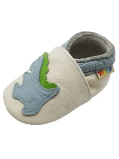 Baby-Lederlaufschuhe mit rutschfester Sohle – Cremefarben mit Dinosauriermuster