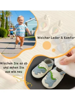 Baby-Lederlaufschuhe mit rutschfester Sohle – Cremefarben mit Dinosauriermuster