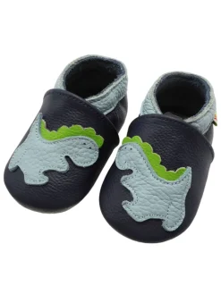 Baby-Lederlaufschuhe mit rutschfester Sohle – marineblau mit Dinosauriermuster