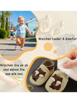 Baby-Lederlaufschuhe mit rutschfester Sohle – Cremefarben mit Fuchsmotiv