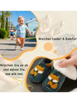 Baby-Lederlaufschuhe mit rutschfester Sohle – dunkelgrün mit Fuchsmotiv
