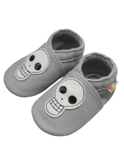 Babyschuhe aus echtem Leder mit rutschfester Sohle –Hellgrau mit Totenkopfmuster