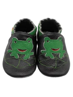 Babyschuhe aus Leder mit rutschfester Sohle – Schwarz mit Frosch-Muster