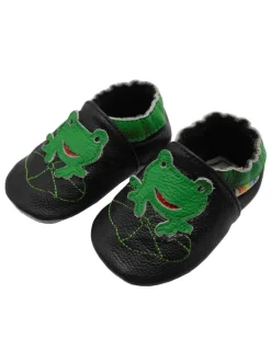 Babyschuhe aus Leder mit rutschfester Sohle – Schwarz mit Frosch-Muster