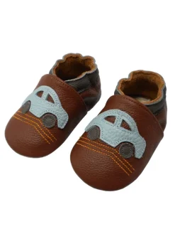 Babyschuhe aus Leder mit rutschfester Sohle – Braun mit Auto-Muster