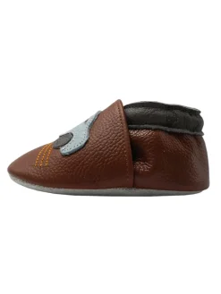Babyschuhe aus Leder mit rutschfester Sohle – Braun mit Auto-Muster
