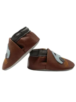 Babyschuhe aus Leder mit rutschfester Sohle – Braun mit Auto-Muster