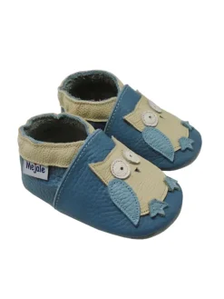 Blaue Baby Leder Krabbelschuhe, mit rutschfester Sohle – Eulen-Muster