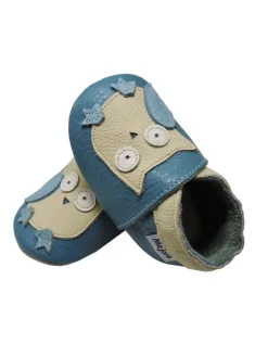 Blaue Baby Leder Krabbelschuhe, mit rutschfester Sohle – Eulen-Muster
