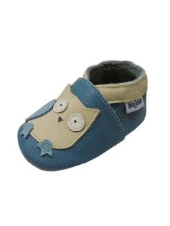 Blaue Baby Leder Krabbelschuhe, mit rutschfester Sohle – Eulen-Muster