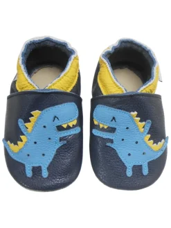 Dunkelblaue Baby Leder Krabbelschuhe, mit rutschfester Sohle –Dinosaurier-Muster