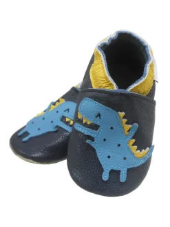 Dunkelblaue Baby Leder Krabbelschuhe, mit rutschfester Sohle –Dinosaurier-Muster