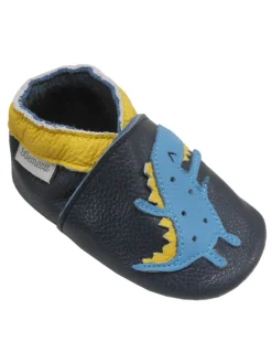 Dunkelblaue Baby Leder Krabbelschuhe, mit rutschfester Sohle –Dinosaurier-Muster