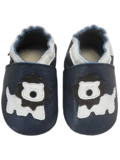 Dunkelblaue Baby Leder Krabbelschuhe, mit rutschfester Sohle – Mops-Muster